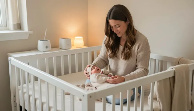 Mother putting 2 to 3 month old baby to sleep following baby sleep schedule month-by-month routine