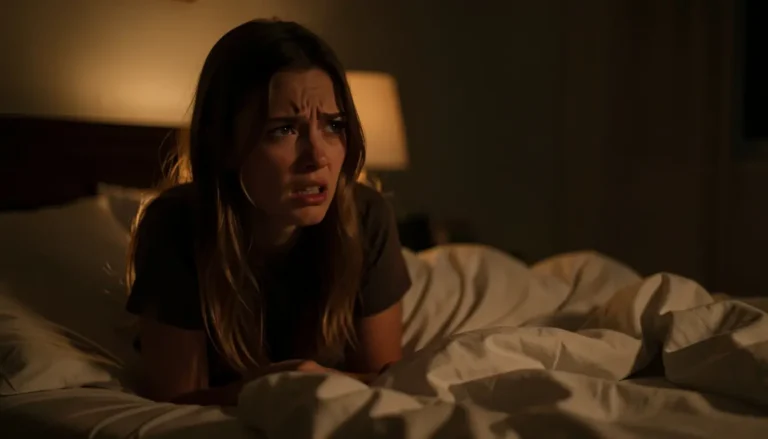 Stressed person sitting on the bed at night, showing physical tension and alertness after a fight.