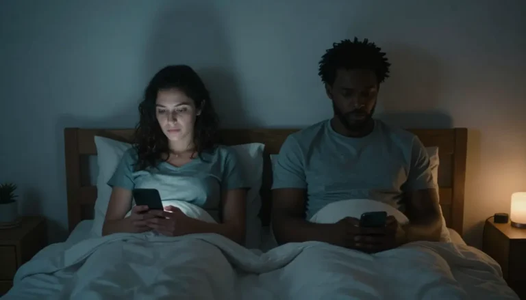 Upset couple sitting on opposite sides of the bed at night, unable to sleep after a fight.