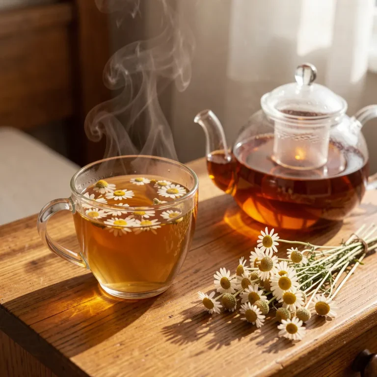 Chamomile tea for deep and relaxing sleep on a bedside table at night