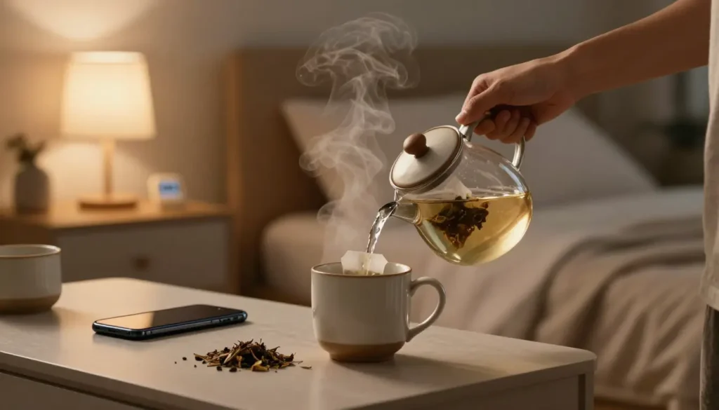 Preparing herbal tea for deep and relaxing sleep before bedtime routine