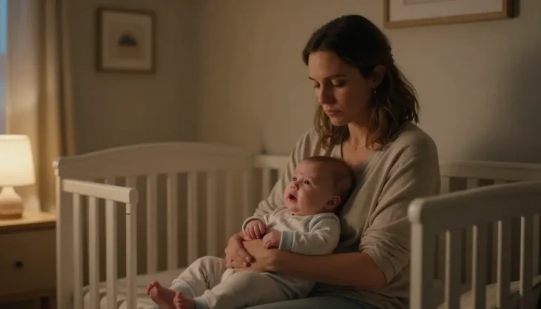 4 month sleep regression phase showing mother comforting awake baby at night during baby sleep schedule month-by-month