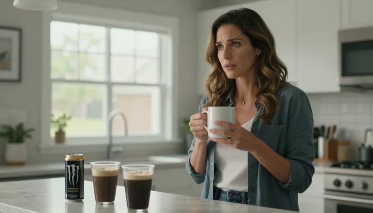 Woman comparing coffee, energy drink, and soda in kitchen illustrating recommended daily caffeine limits for adults