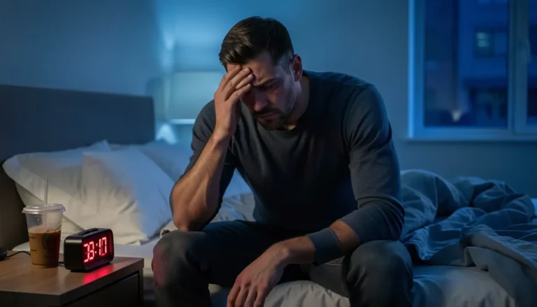 Sleep-deprived man awake at 3 a.m. holding coffee cup in dim bedroom lighting showing effects of caffeine on sleep quality