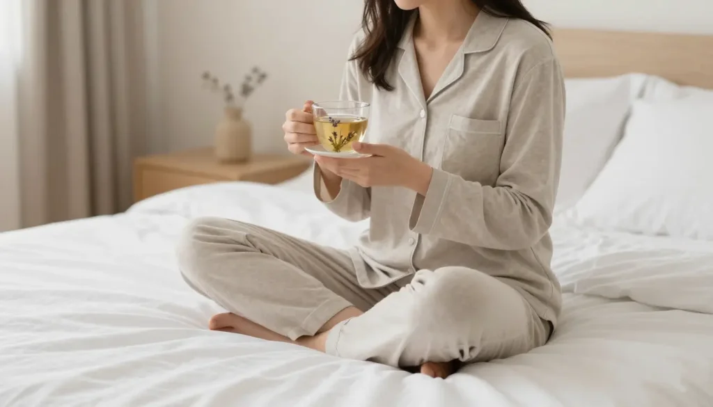 Woman drinking herbal tea for deep and relaxing sleep in cozy bedroom at night