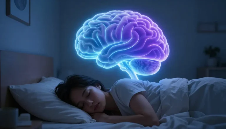 A realistic image of a person sleeping peacefully in a dark bedroom with a glowing brain illustration above them showing different brain wave patterns for light, deep, and REM sleep.