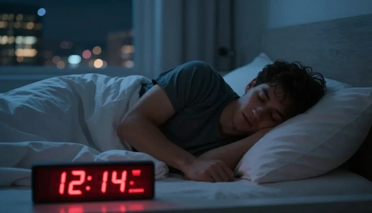 Young man lying awake at midnight with digital clock glowing and coffee cup on nightstand showing how long caffeine stays in the body