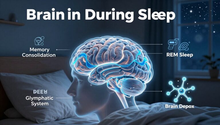 Brain during sleep explained infographic showing deep sleep brain detox, REM memory processing, and neural repair activity at night