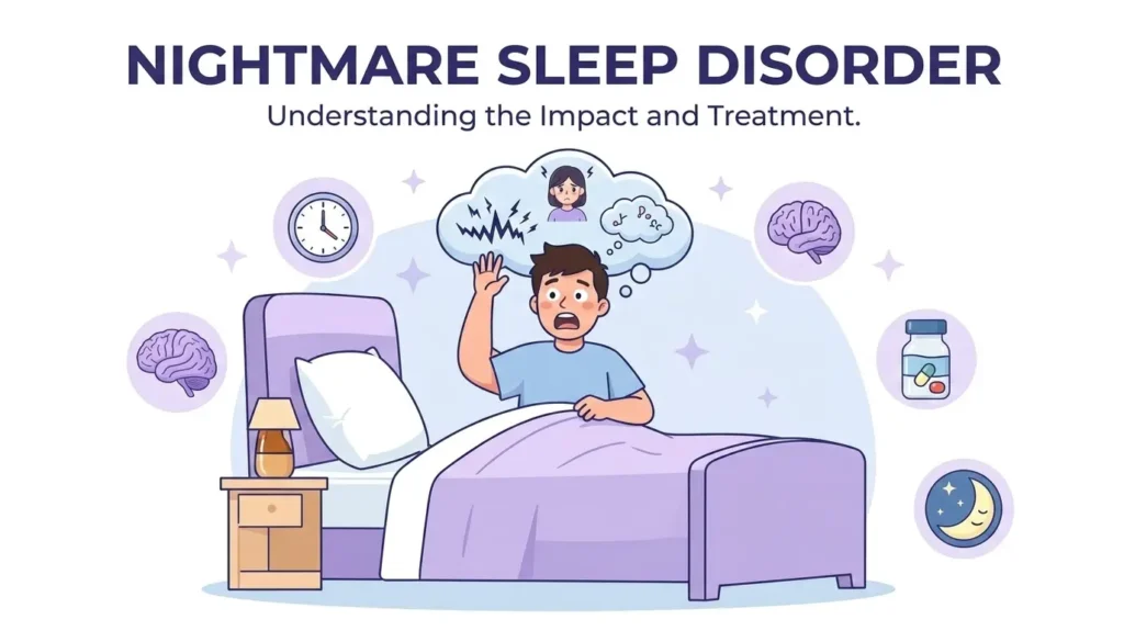 Person waking up from a nightmare with icons representing causes, symptoms, and treatment of nightmare sleep disorder