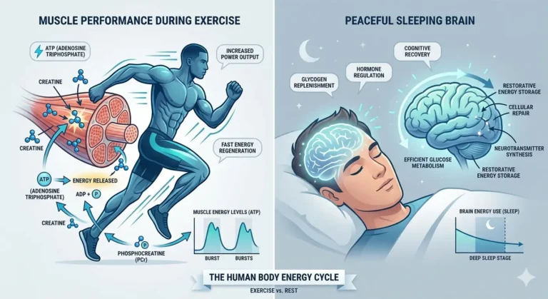 Scientific illustration explaining creatine and sleep cycle
