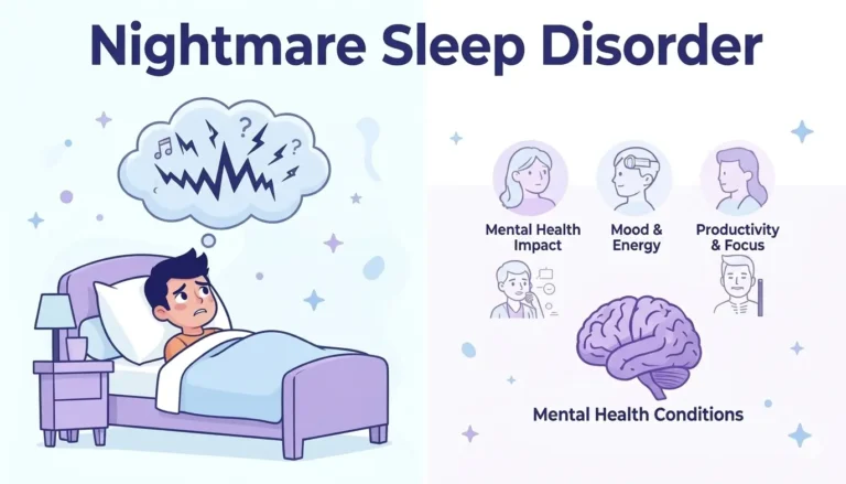 Illustration showing the impact of nightmare sleep disorder on sleep, mood, and daily life