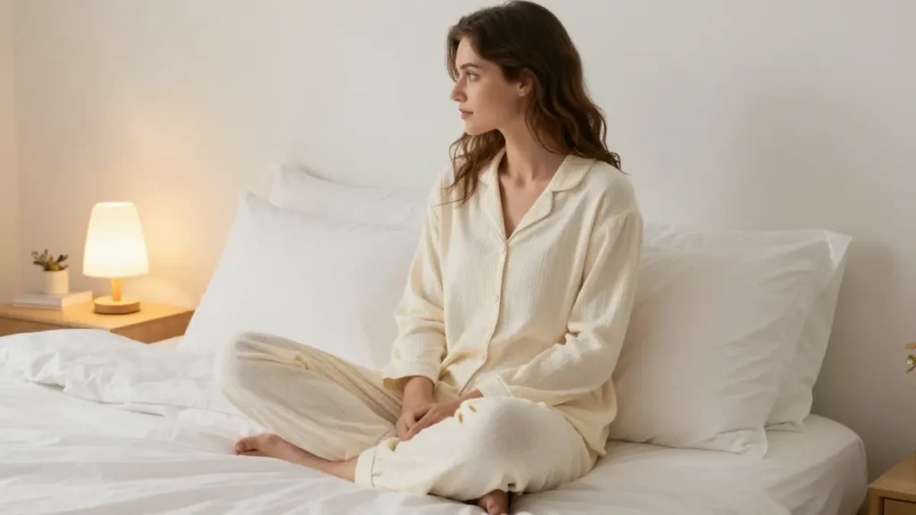 American woman following a calm bedtime routine for better sleep in a cozy bedroom