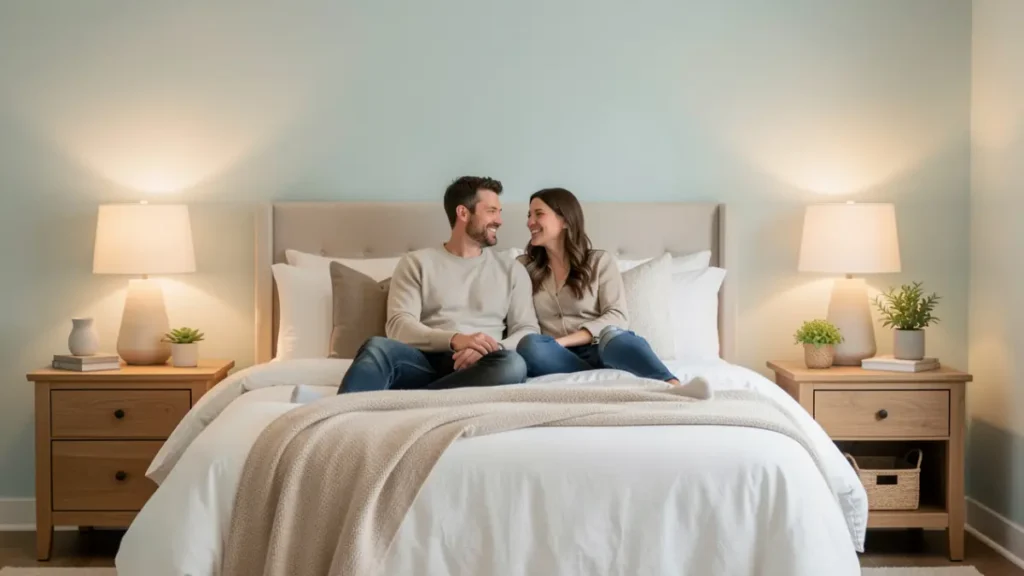 Relaxed American couple in a calming bedroom with soft blue-beige walls designed to promote restful sleep