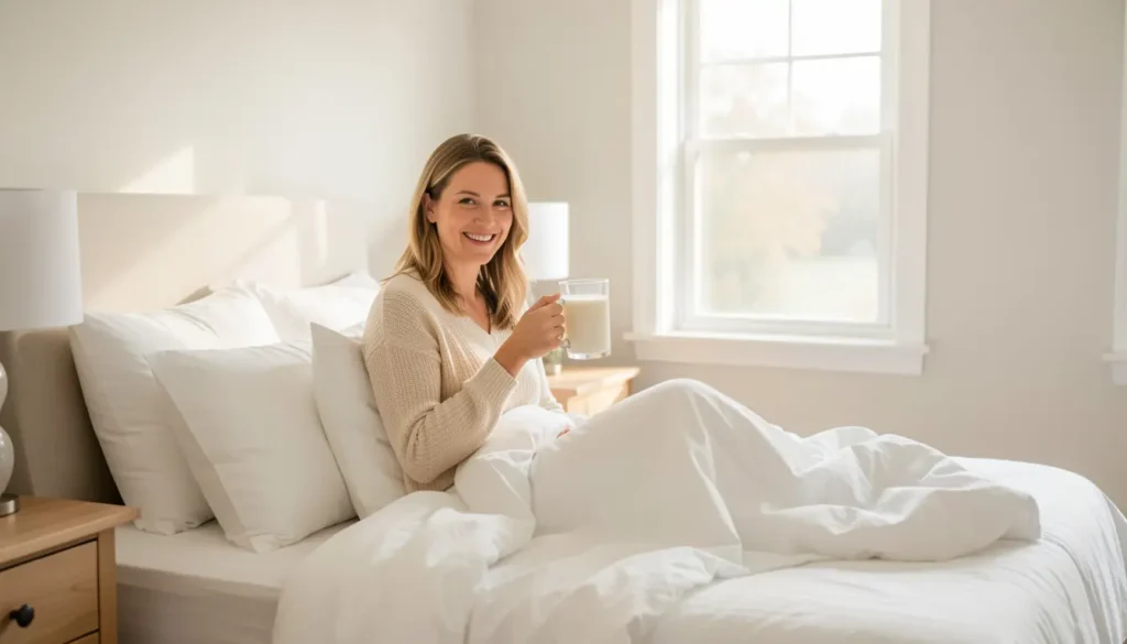 American woman drinking warm milk before bed to support better sleep