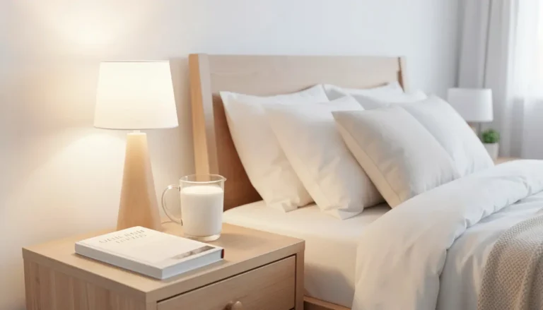 Glass of warm milk on bedside table as part of bedtime sleep routine