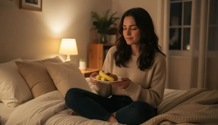 Woman eating banana and peanut butter before sleep