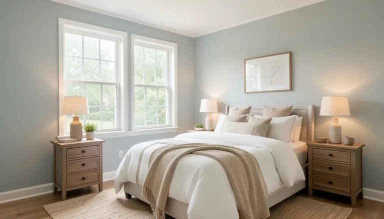 Peaceful American bedroom with soft blue-gray walls and warm lighting designed to promote better sleep.