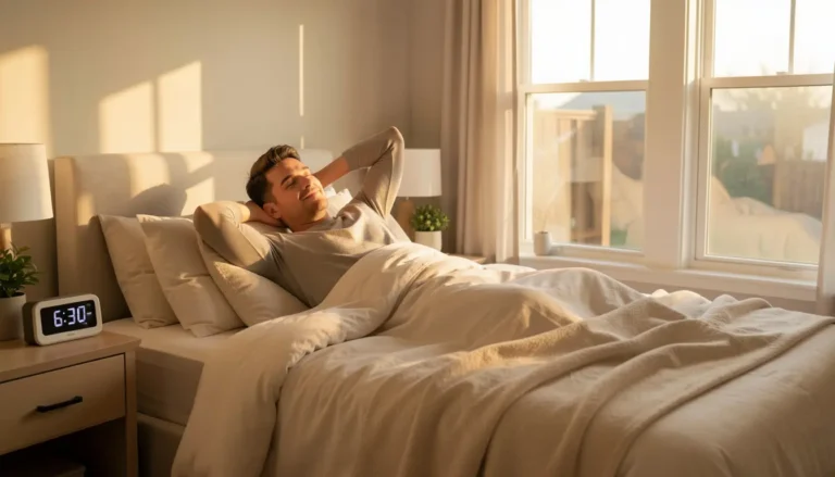 Person waking up at the same time in the morning with sunlight in bedroom to support a consistent sleep schedule.