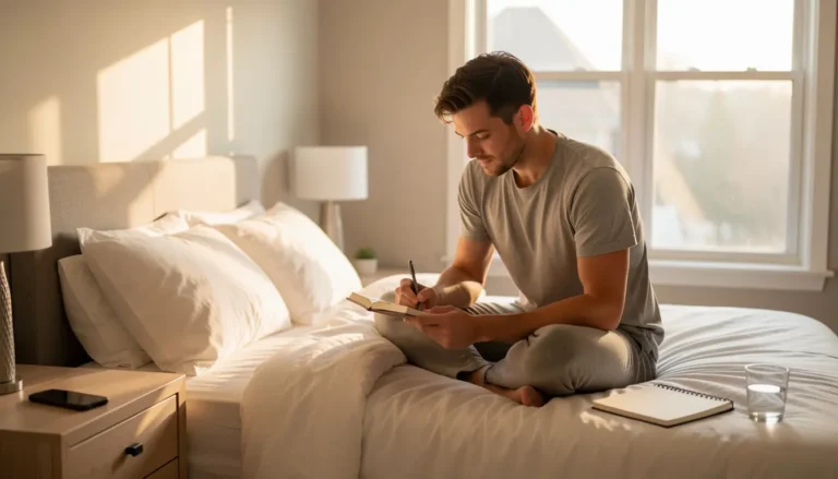 Person journaling and stretching in the morning without checking their phone, promoting calm and better sleep.