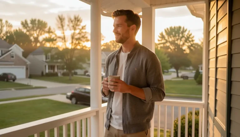 Person standing outside in morning sunlight with coffee shortly after waking to support healthy sleep habits.