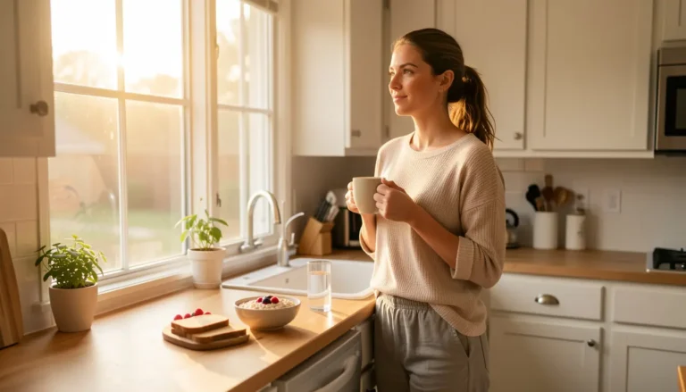 Person enjoying a calm morning routine with sunlight, coffee, and a healthy breakfast to support better sleep habits.