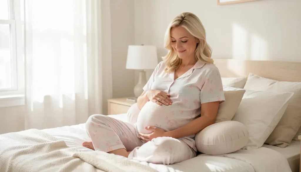 Pregnancy Sleep Problems Beautiful pregnant American woman with blonde hair holding her belly while sitting on a bed in a peaceful bedroom
