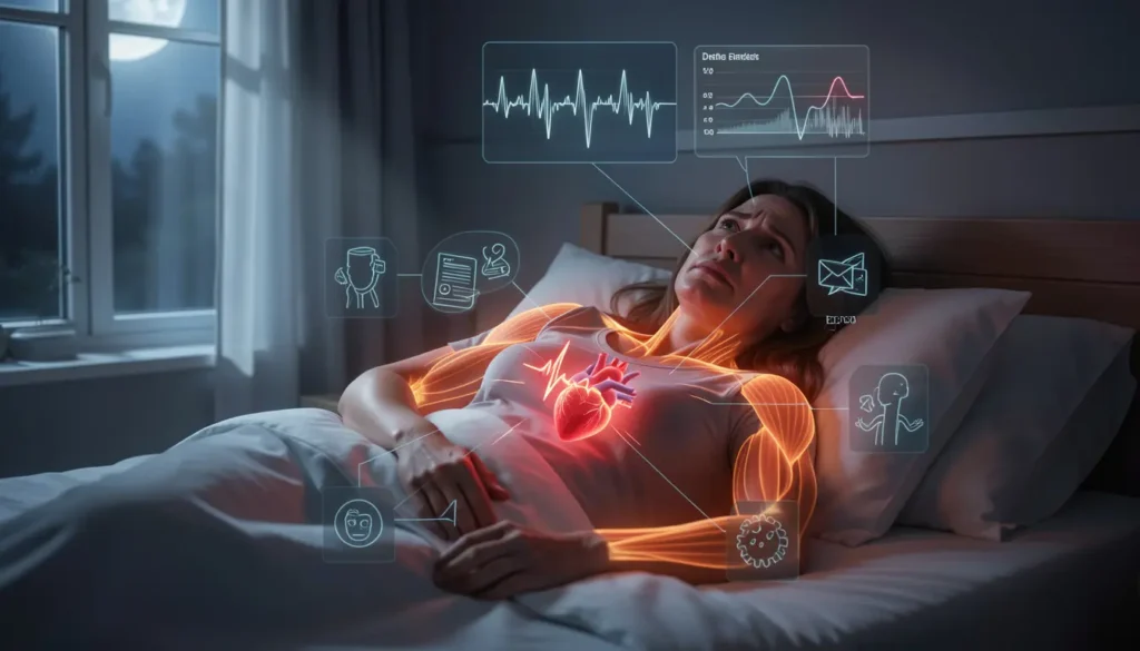 Realistic American woman lying awake at night with overlays showing brain, heart, muscle, and immune stress effects, illustrating how stress disrupts sleep and health.