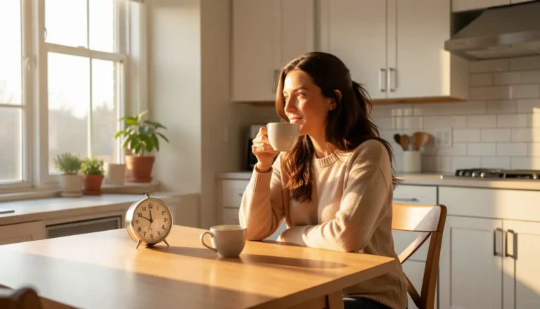Person drinking coffee in the morning sunlight, illustrating proper caffeine timing for better sleep.