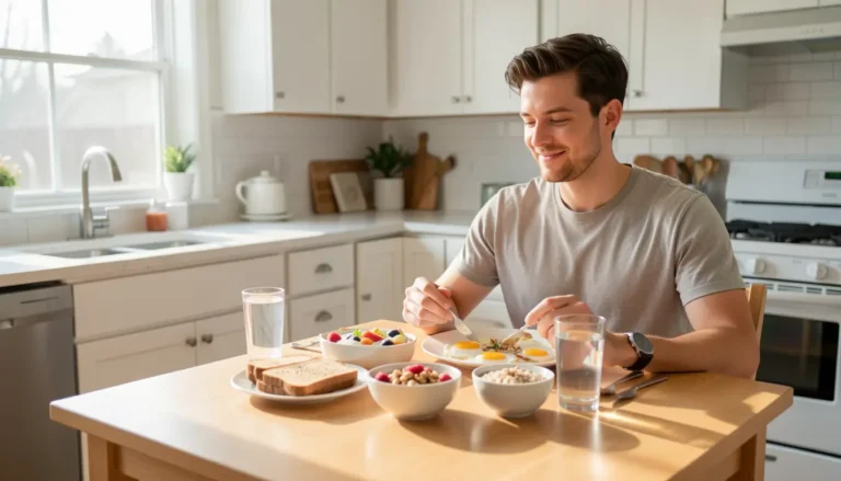 Person eating a balanced breakfast in a sunny kitchen to support metabolism and better sleep.