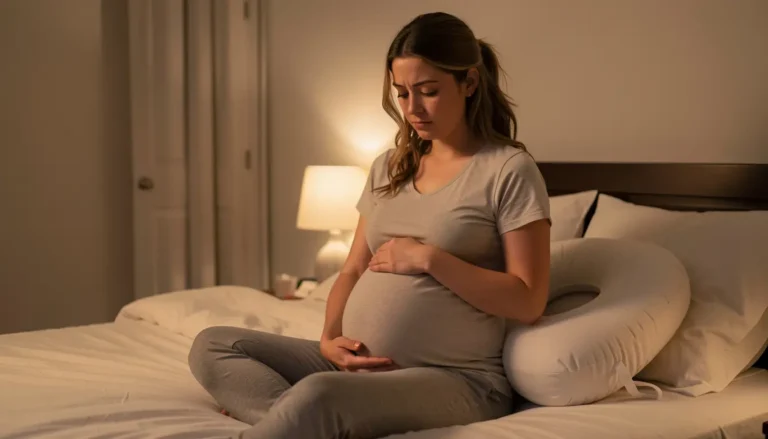 Pregnant American woman sitting on bed at night holding her belly and struggling with sleep during pregnancy.