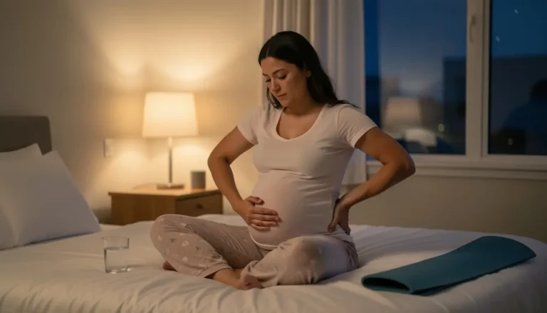 Pregnant American woman stretching her back at night to relieve pregnancy discomfort before sleep.