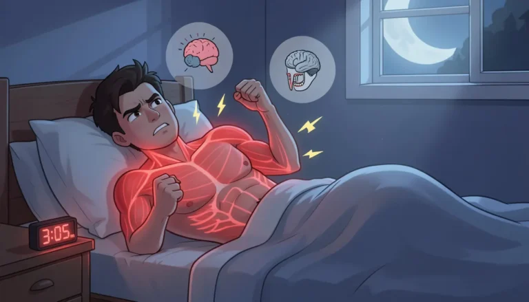 Animated adult lying in bed at night with glowing red highlights on neck, shoulders, jaw, and back, showing muscle tension and pain caused by stress.