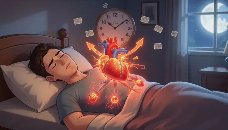 Animated illustration of a person asleep at night with glowing heart pulses, elevated blood pressure arrows, and red inflammation icons showing how stress affects cardiovascular health.