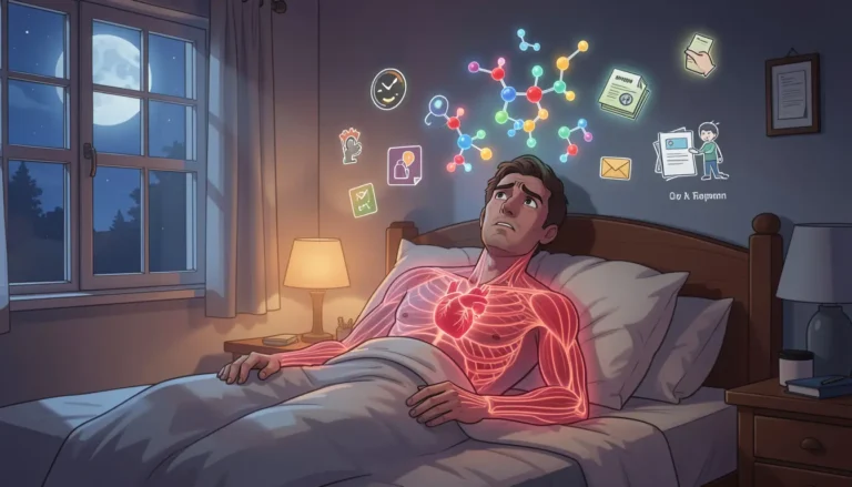 Animated adult lying awake at 2 a.m. with glowing cortisol and adrenaline molecules and sympathetic nervous system overlay showing stress keeping the body alert.