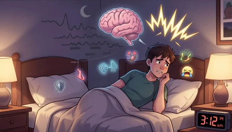 Animated adult tossing in bed at night with floating brain waves showing reduced deep sleep and stressed beta waves, muscles and immune system icons highlighting poor recovery.