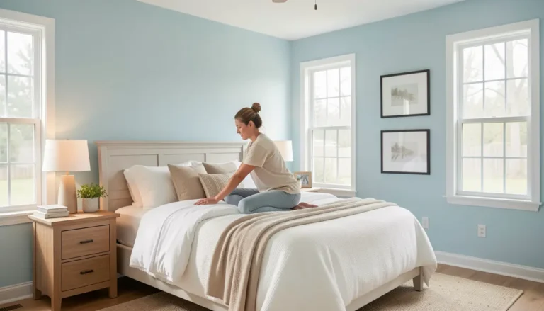 Woman relaxing in a soft sky blue bedroom designed to improve sleep quality.