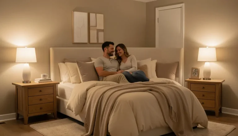 Relaxed American couple in a warm beige-greige bedroom winding down for sleep