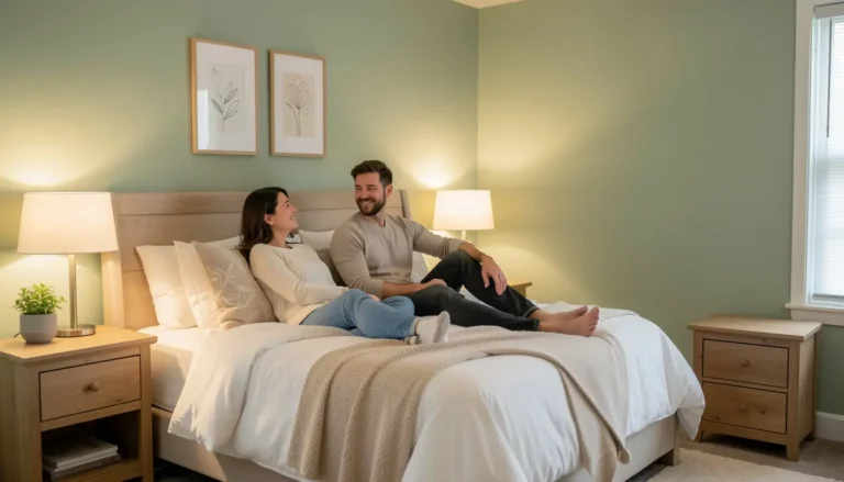 Relaxed American couple in a calming sage green bedroom preparing for sleep.