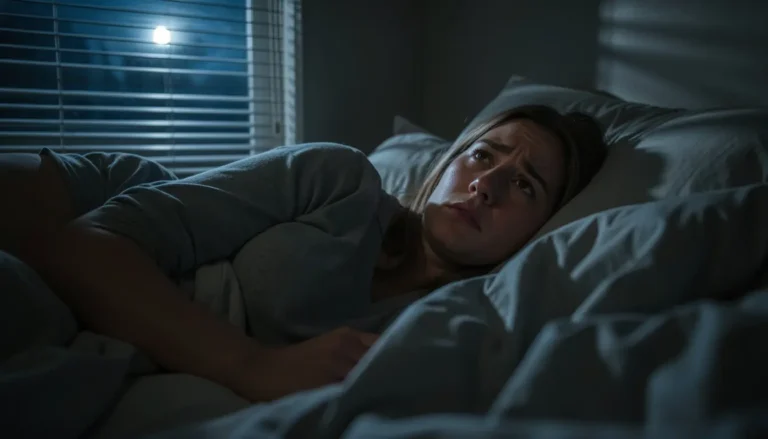 Woman lying awake at night staring at ceiling