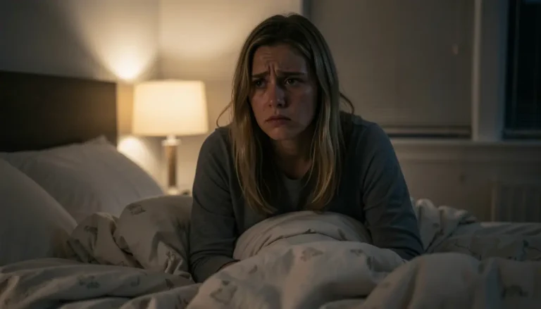 Woman sitting in bed at night feeling stressed and unable to sleep