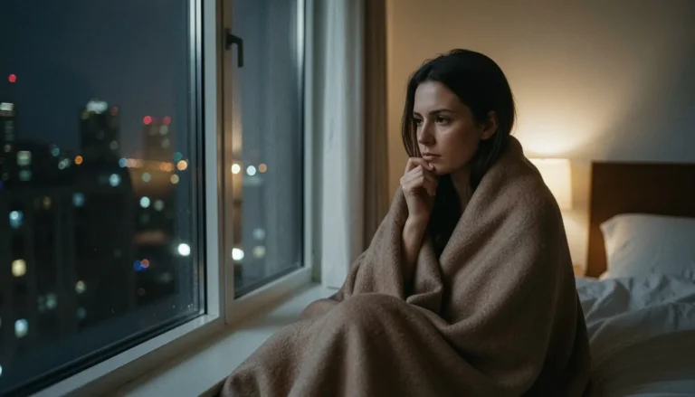 Woman thinking quietly near window at night
