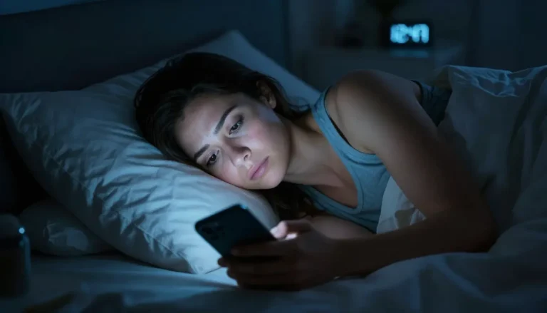 American woman scrolling phone late at night disrupting bedtime routine for better sleep