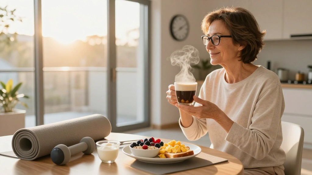 Person enjoying a healthy morning routine with sunlight, coffee, breakfast, and stretching to support better sleep at night.