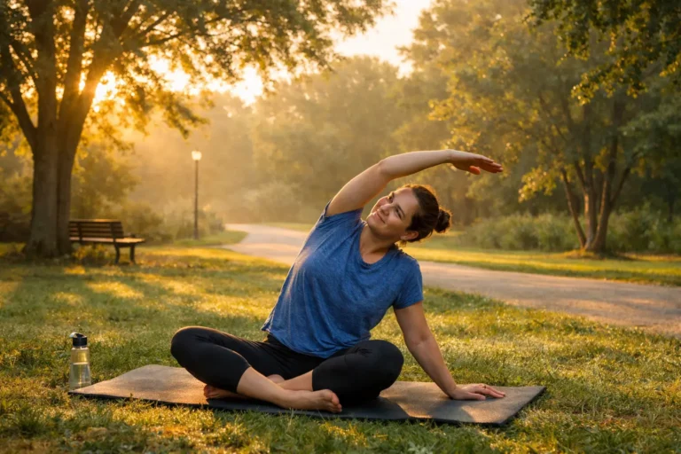 Person doing light morning stretching in a park to boost energy and support better sleep later at night.