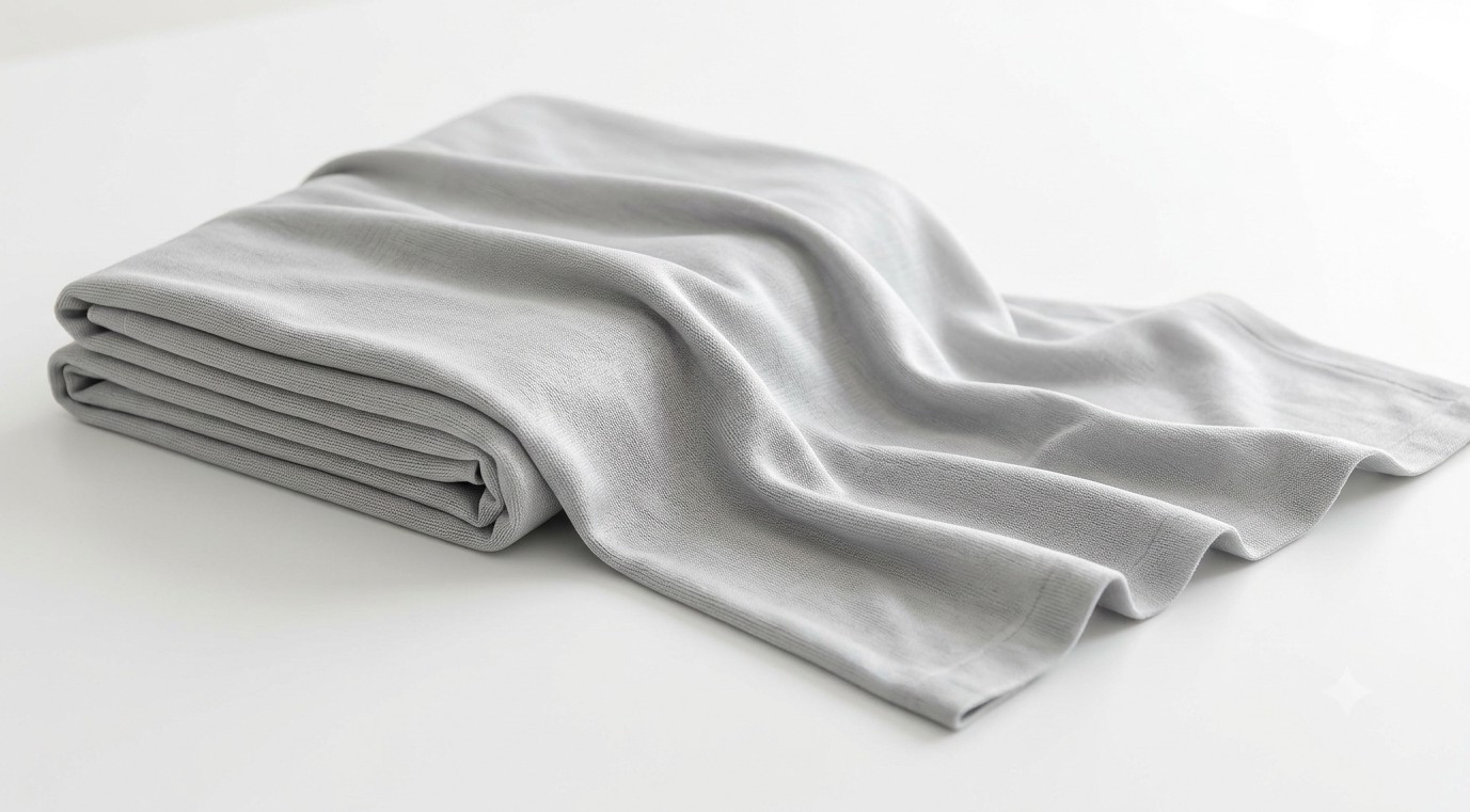 Cooling blanket for hot sleepers and night sweats, frosty light grey, folded on a white surface