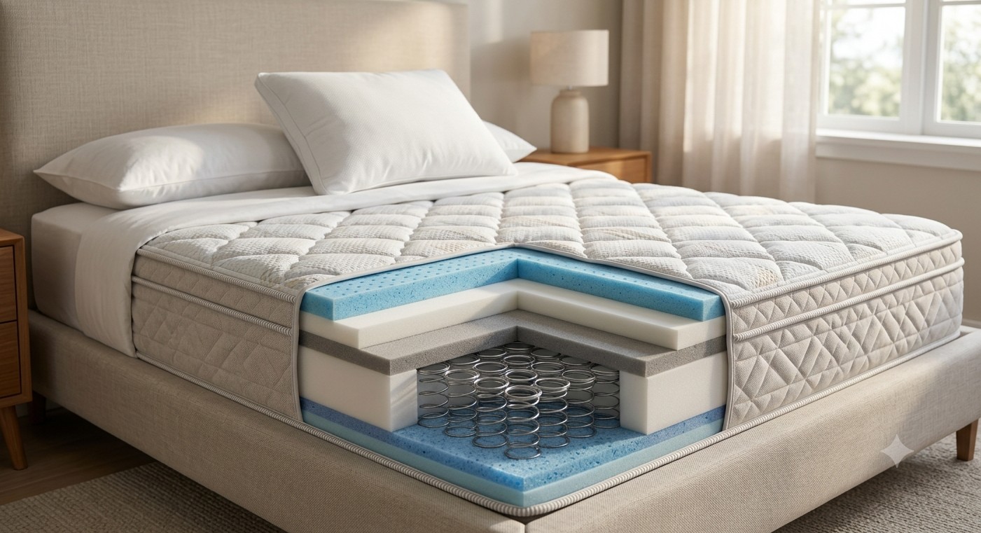 Medium-firm memory foam mattress with cooling top layer and back pain relief